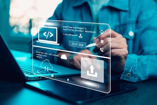 Services business people using laptop with cloud computing system storage and data transfer cloud network cloud technology networking and internet service sharing download and upload and internet service photo